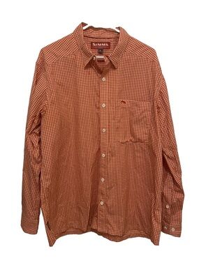 Simms Men's Orange Check Button-Up Outdoor Shirt LARGE